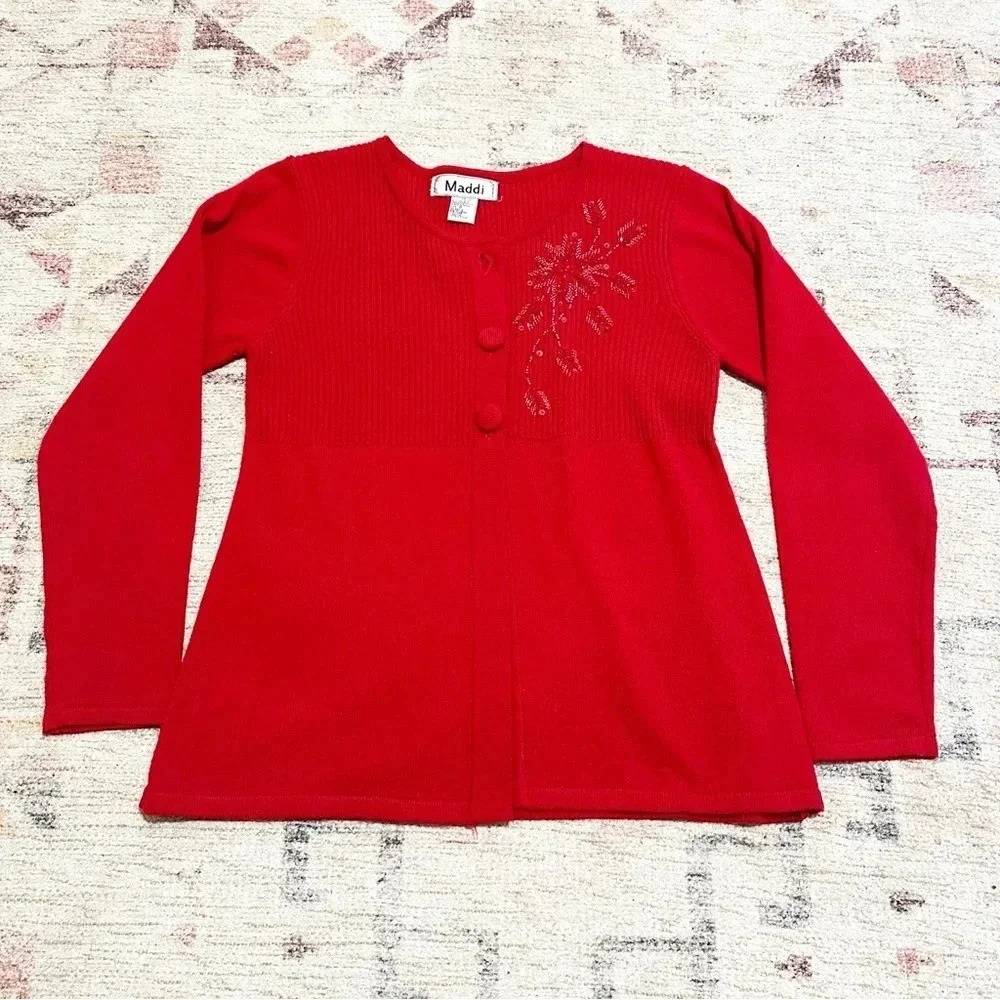 Red long sleeve button up cardigan with snowflake beaded embroidery size small - Picture 7 of 10